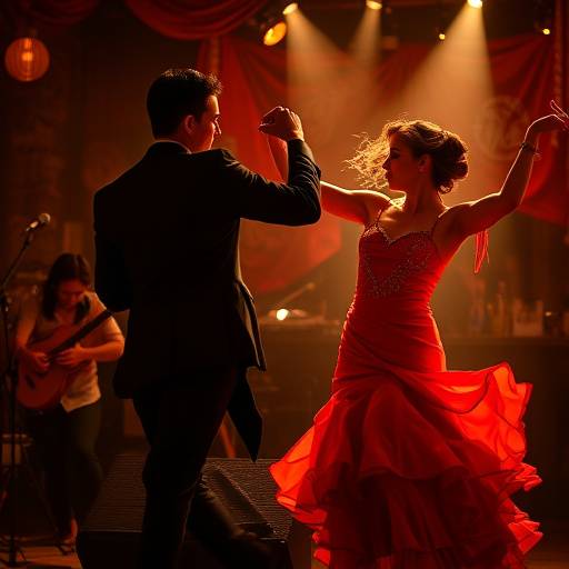Bailaores de flamenco actuando apasionadamente en un tablao