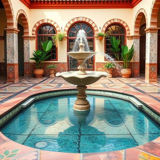 Detalle de un patio interior andaluz con azulejos coloridos y una fuente
