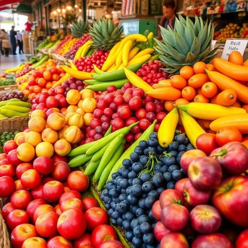 Estante lleno de frutas frescas y verduras de colores en un mercado espa&ntilde;ol.