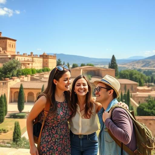 Familia riendo mientras explora las ruinas de la Alhambra en Granada.