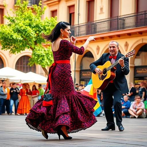 Imagen de un festival de flamenco vibrante en una plaza de Sevilla, con una bailaora en movimiento, un guitarrista apasionado y un cantaor expresivo.