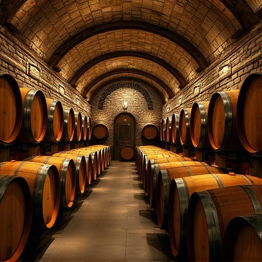 Interior de una bodega tradicional en La Rioja con barricas de vino