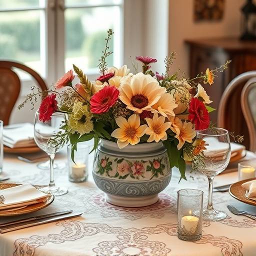 Mesa de comedor elegantemente puesta con vajilla de cer&aacute;mica artesanal y flores frescas