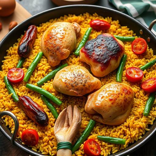 Paella valenciana en su paellera, llena de arroz, pollo, conejo, jud&iacute;as verdes y garrof&oacute;n.