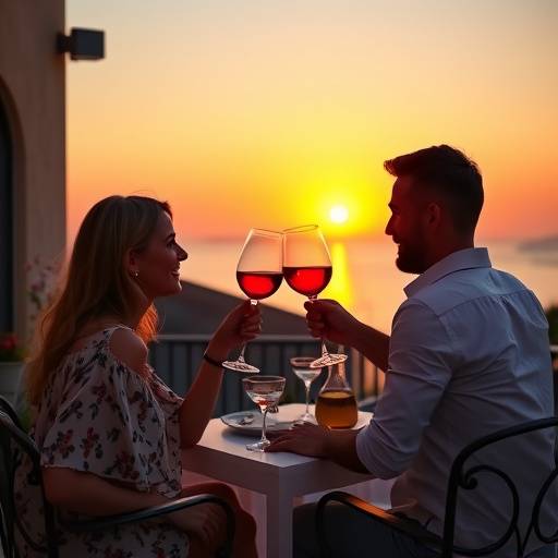 Pareja brindando con copas de vino al atardecer en una terraza con vistas al mar Mediterr&aacute;neo.