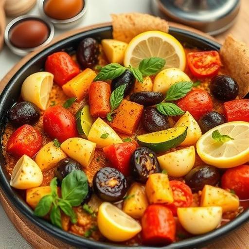 Plato de paella valenciana tradicional con ingredientes frescos