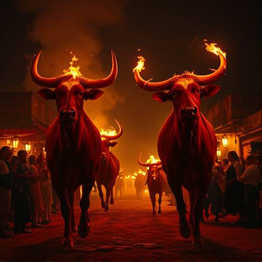 Toros de fuego recorriendo las calles de un pueblo durante una fiesta nocturna.