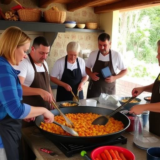 Un grupo de personas aprendiendo a hacer paella en una cocina tradicional