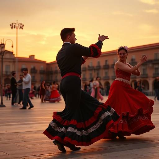 Un grupo de personas vestidas con trajes regionales bailando flamenco en una plaza al atardecer.