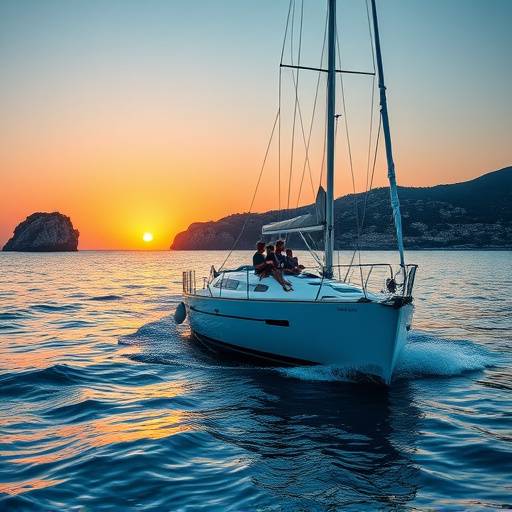 Un grupo navegando en un velero por la costa mediterr&aacute;nea al atardecer