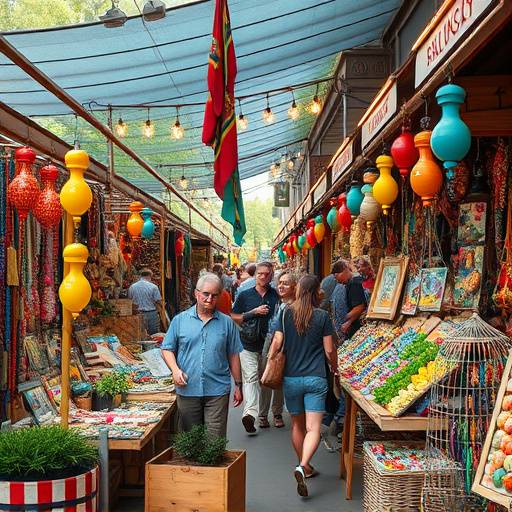 Un mercado de productos artesanales con puestos coloridos y gente comprando.