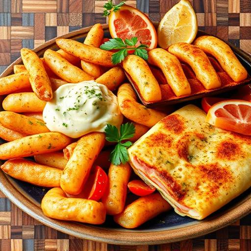 Un mosaico de tapas variadas: patatas bravas con salsa picante, gambas al ajillo humeantes, tortilla espa&ntilde;ola esponjosa y un trozo de jam&oacute;n ib&eacute;rico de bellota.