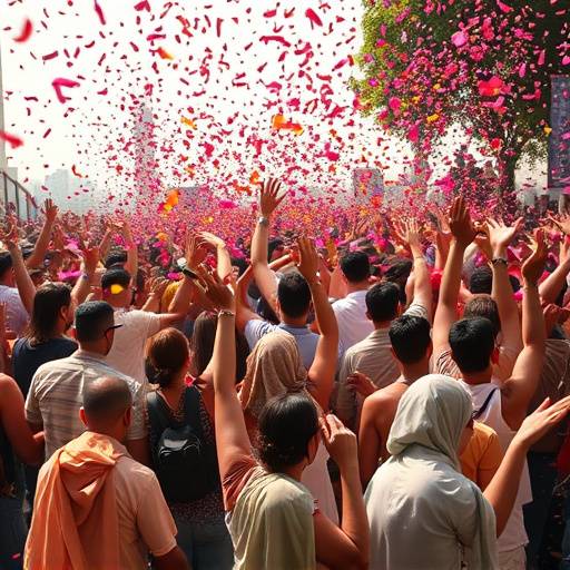 Una multitud celebrando la Batalla de las Flores con p&eacute;talos cayendo sobre ellos.