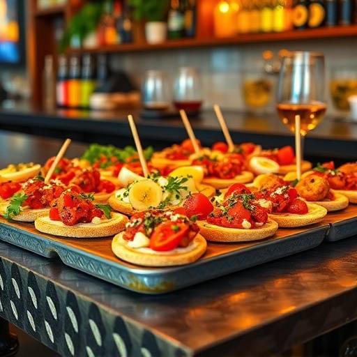 Variedad de tapas coloridas y apetitosas en una barra de bar.